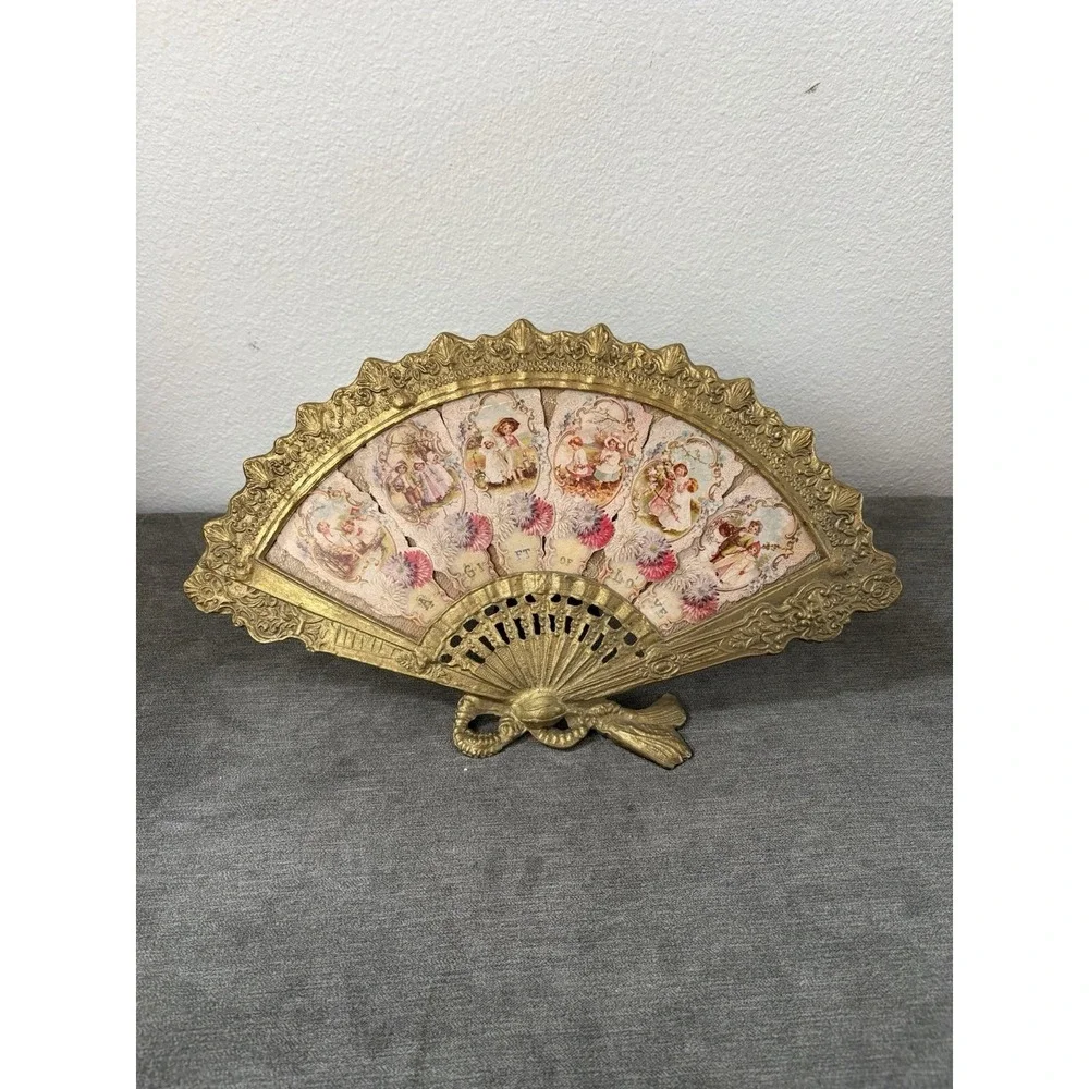 Antique Brass Fan Picture Frame With Felt Lined Stand, Art Nouveau Vanity Frame